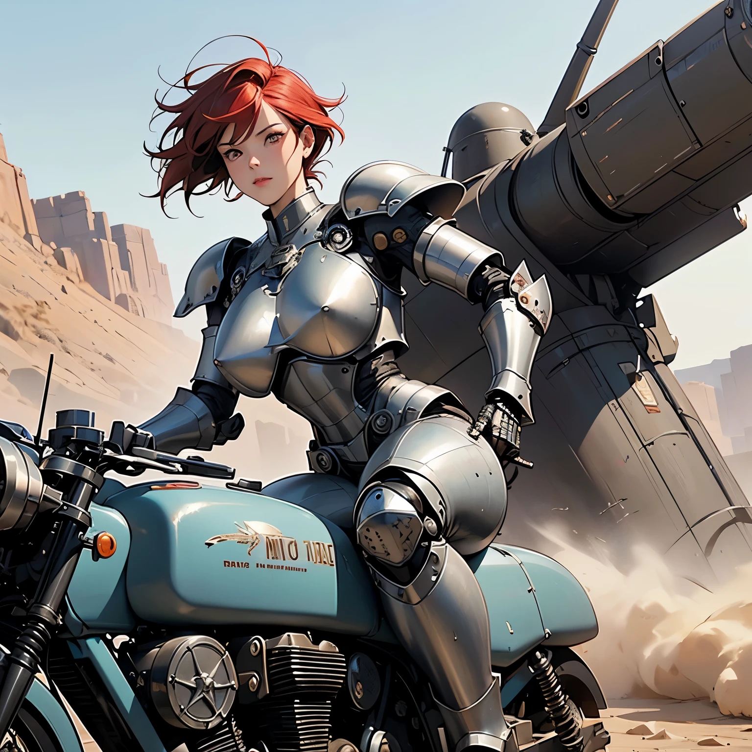 nsfw, anime screencap, 16K, perfect anatomy proportion body, perfect hands, action, A dynamic composition with a sense of speed and movement, (open cockpit, Riding a large, heavily armored steam-powered military motorcycle:1.6), a wife, 40age, perfect beautiful delicate sexy face, perfect beautiful delicate slanted red eyes, red hair, swept bangs pixie cut, medium breasts, abs, Sophisticated chainmail-clad heavy armored robotic steam engine full armor powered suit, Many robot soldiers having a gunfight in the background, Flying bullets, Desert Battlefield, war, Post-apocalyptic,
