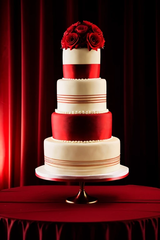 (work of art, best qualityer) American style wedding cake, black backdrop, red lighting lights, red and gold, neutral background