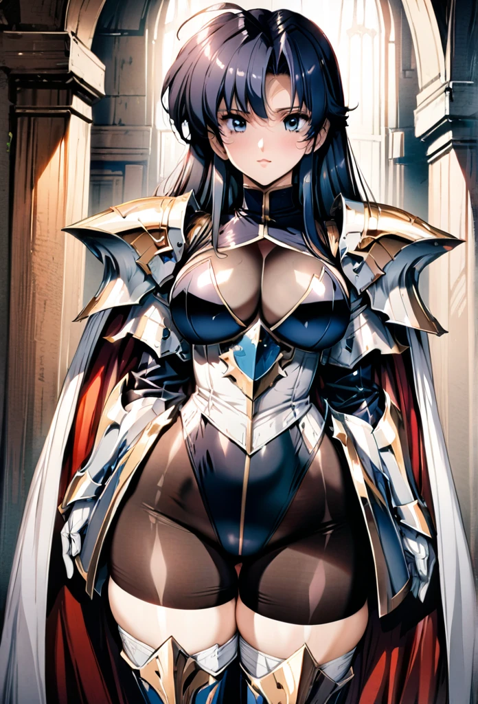 ((highest quality)), ((masterpiece)), ((hyperrealistic)), (detailed background), 1girl, ((curvy: 1.2)), perfect face, Langrisser, ((black lamé plunge leotard: 1.5)), ((catsuit)), ((blue paladin armor: 1.3)), ((long skirt)), ((victorian ball gown)), (cloak de cour), gauntlet, gloves, belt, silver straight hair, ahoge, parted bangs, (huge breasts), (see-through cleavage cutout), (zettai ryouiki armored thigh high boots), (pantyhose thigh), beautiful eyes, Perfect hands, perfect fingers,