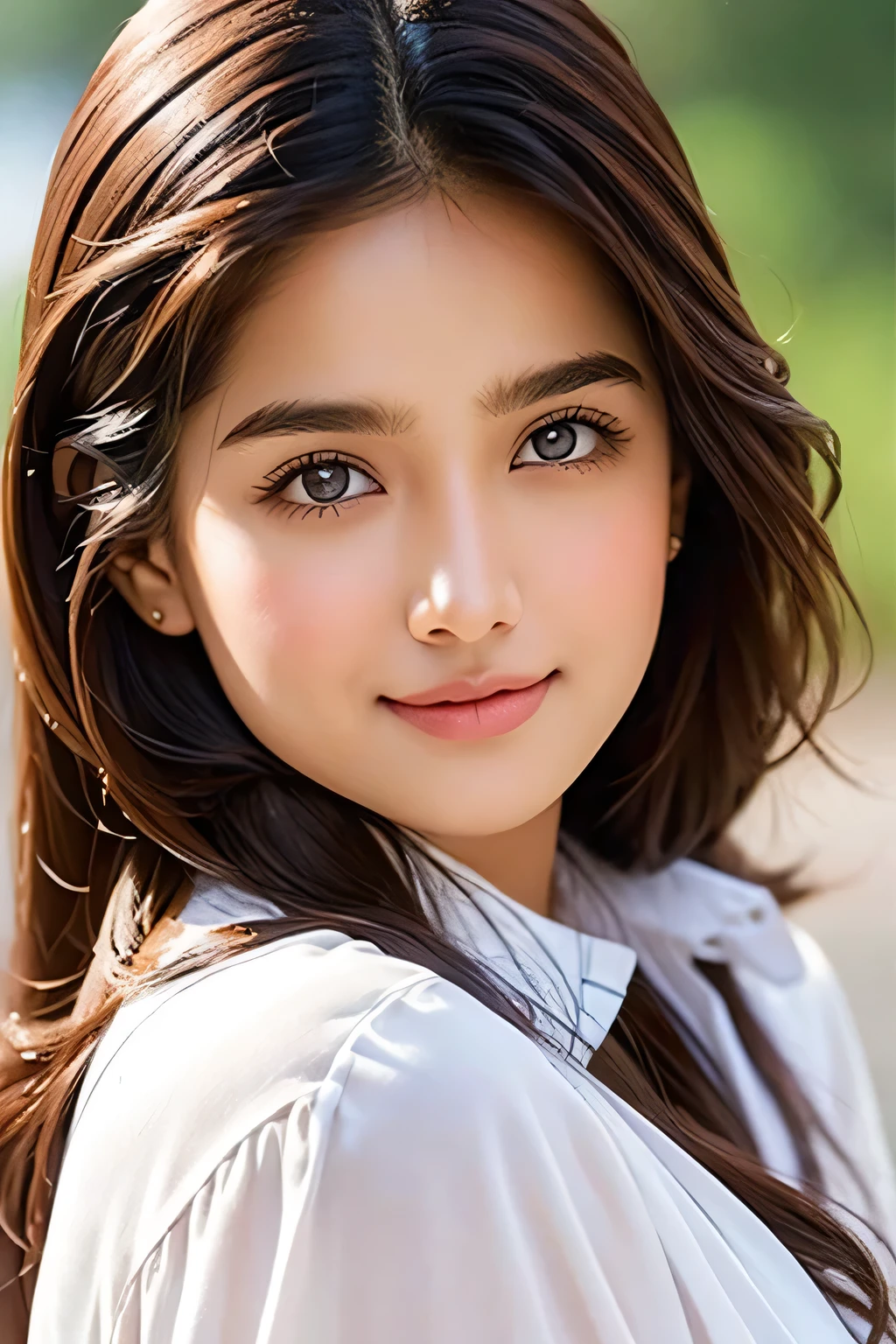 A stunning Indian girl, 18 years old, poses waist-up in an ultra-realistic digital art piece by Razumov and Volegov. She gazes off-camera with a soft, natural light illuminating her rosy cheeks and v-shaped face. Her smooth skin is adorned with long, ginger hair styled in a bang, framing her detailed features. The focus is on her fantastic face, showcasing her bright smile and sparkling eyes. The background is a subtle watercolor blend, reminiscent of Cameron Gray's art style. The image is rendered at 8k resolution, blending the boundaries between digital and traditional mediums.