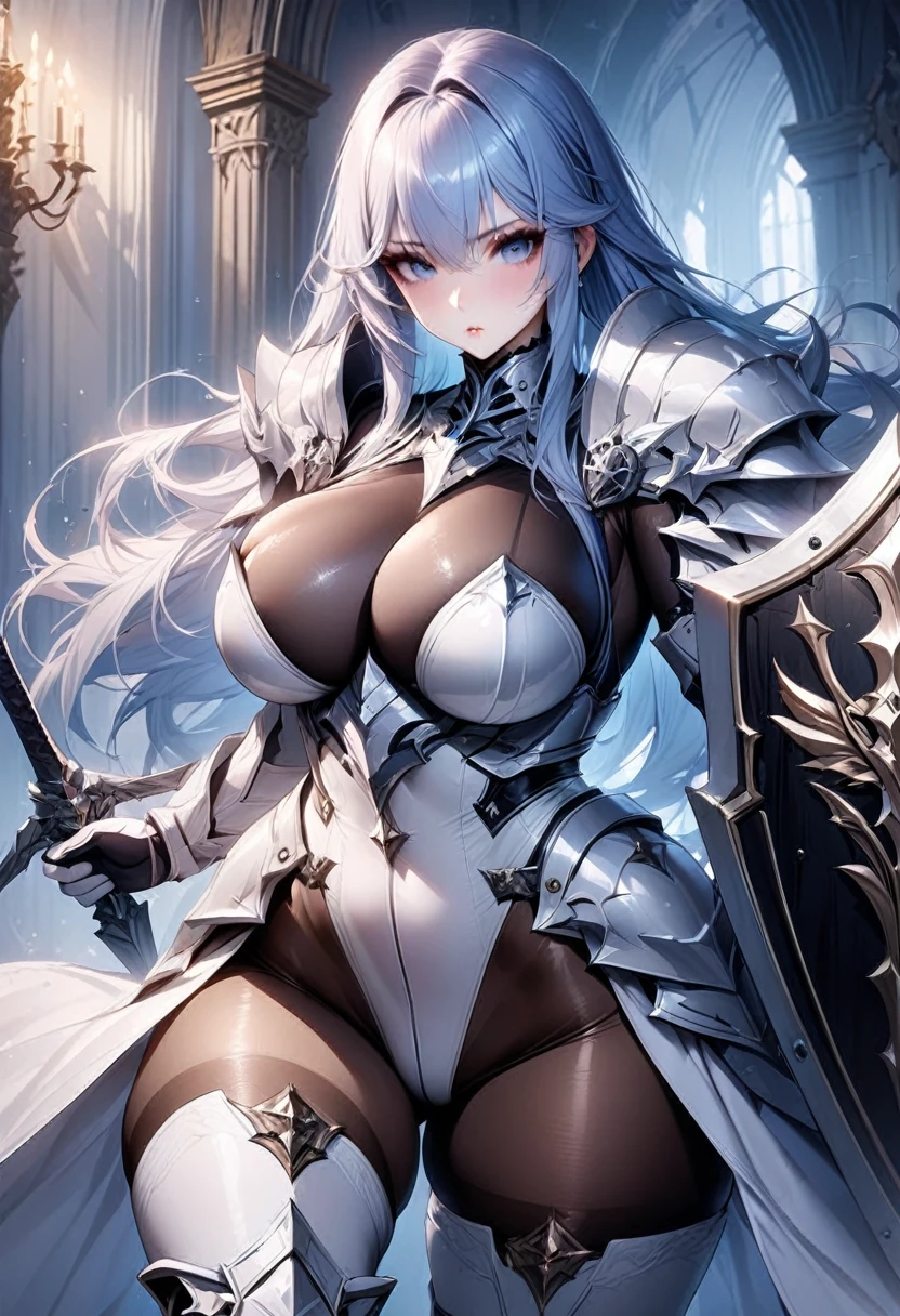 ((highest quality)), ((masterpiece)), ((hyperrealistic)), (solo), 1girl, ((curvy)), ((Tight and digging into the skin: 1.2)), perfect face, ((Azur Lane)), ((armored dress)), ((white paladin armor)), ((skin-tight pantyhose leotard: 1.4)), ((white knight armor breastplate)), ((skin-tight black Investigator Bodystocking)), ((large pauldron)), (white long gauntlet gloves), ((light blue long straight hair)), ((Big chest that looks like it's going to burst under pressure)), (pantyhose thighs), ((Knee-high boots on the white tight skin that digs into it)), (high heel boots), ((see through cleavage cutout)), Sword and shield, zettai ryouiki, Perfect and beautiful dark blue eyes, Perfect hands, perfect fingers, luxurious goldsmith spear, makeup, cowboy shot, fighting stance