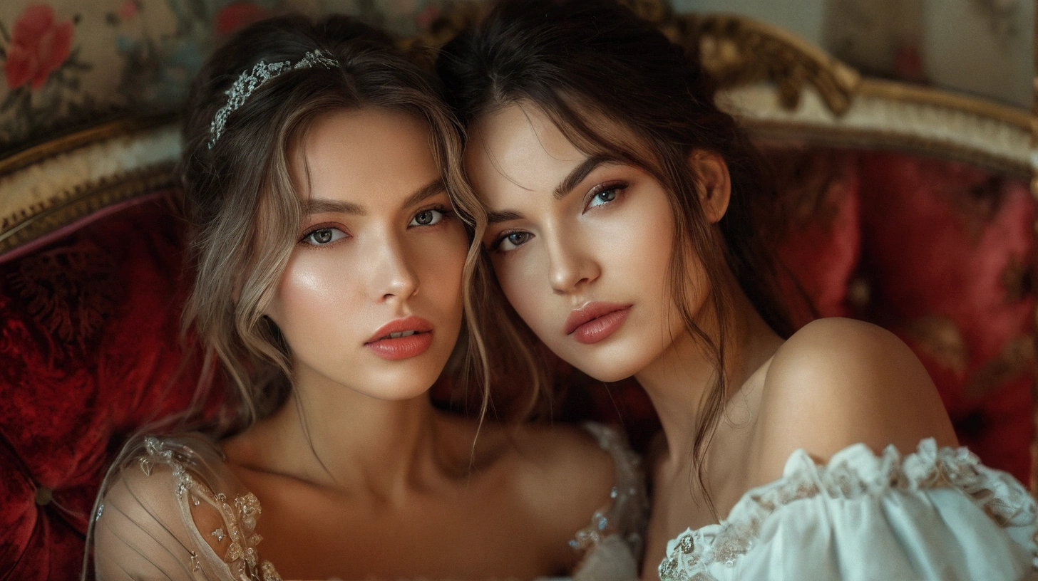 two women in white dresses posing for a picture on a red couch, gorgeous faces, wlop and andrei riabovitchev, soft portrait shot 8 k, two models in the frame, beautiful portrait image, beautiful gemini twins portrait, two girls, beautiful portrait photo, beautiful gemini twins, karol bak uhd, twins, beautiful faces, beautiful portrait, perfect faces