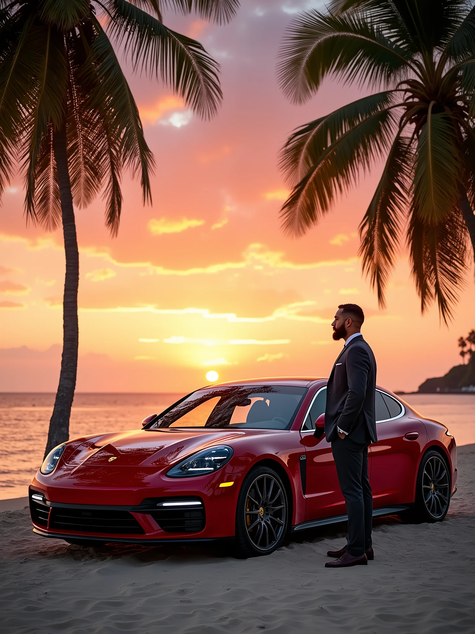 1.0 - Official Release" Precision - SDXL LoRA" Human Faces - SDXL LoRA" A sleek, Carmine Red Porsche Panamera Turbo S E-Hybrid is parked on a pristine beach, its metallic finish gleaming under the final rays of a magnificent sunset. The sun is just kissing the horizon, casting a golden and fiery orange glow across the calm ocean waters, where gentle waves lap against the shore. The beach is framed by towering palm trees swaying lightly in the warm breeze, their shadows stretching towards the car. The sky is an explosion of colors—fiery reds, deep purples, and soft pinks—reflected off the sleek curves of the Porsche, highlighting its luxurious design. The car’s 21-inch carbon fiber wheels glisten in the sunset, while the LED headlights emit a soft, ambient glow, adding a futuristic touch to the serene landscape. Through the open panoramic sunroof, the interior’s beige leather seats with Carmine Red stitching are faintly visible, perfectly complementing the natural beauty around it. In the distance, André, dressed in an elegant slim-fit charcoal gray suit, stands at the edge of the shore, gazing thoughtfully out at the endless ocean, with a light breeze catching the hem of his jacket. His stance is relaxed, one hand casually in his pocket, while the other loosely holds a pair of sunglasses. His expression is calm and contemplative, matching the tranquil, yet awe-inspiring, beauty of the scene around him. The camera captures the scene from a low angle, emphasizing both the grandeur of the car and the vastness of the sunset-lit beach. The wide-angle lens (24mm) captures every detail of the car and the vibrant sky, while an aperture of f/2.0 creates a soft bokeh effect, blurring the background just enough to keep focus on the car and André. The profundity of the landscape is accentuated by the shallow depth of field, with a slow panning camera movement that captures the transition from the car to André, and finally to the breathtaking sunset. A subtle warm filter is applied to enhance the golden tones of the sunset, giving the entire scene a dreamy, surreal quality.