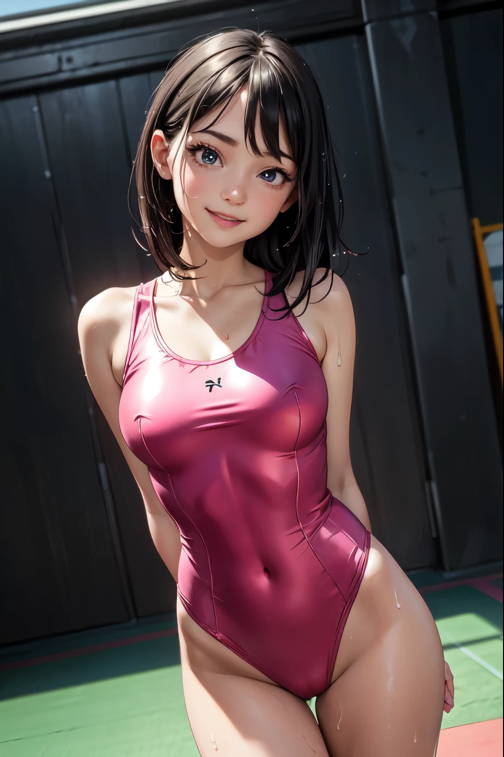 very cute and beautiful girl,(highly detailed beautiful face and eyes),(pink leotard:1.2),sleeveless,wet,sweat BREAK (smile:1.2),happy, standing near training mat in gymnasium,gymnastics club,arms behind back,cowboy shot BREAK hair band,black hair,looking at viewer, (best quality,masterpiece),absurdres,highres,ultra-detailed,extremely detailed,32k,8k resolution, intricate details,cinematic scene,detailed background,solo,dynamic angle,