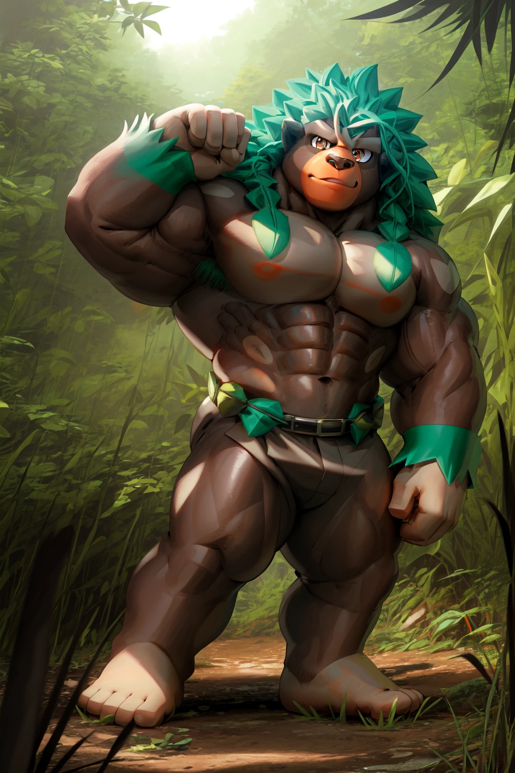 rillaboom, orange eyes, (pose:1.3), (posing:1.3), (soft shading), 4k, hi res, five fingers, detailed hands, ((detailed face, (detailed eyes:1.3), detailed)), (full body),(by takahirosi:1.5), solo, looking at viewer, 1boy, jungle, navel, standing, full body, male focus,(((bare body))), abs, grass, biceps, flexing, smile, orange snout,