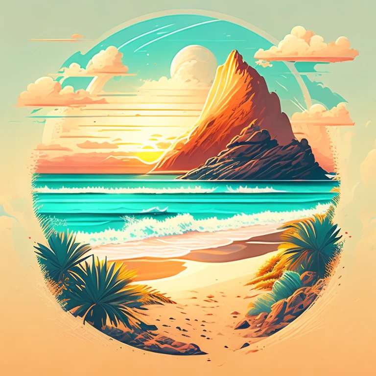A beach in a summer landscape, T-shirt design, Midjourney, Vector Art, Hydro74