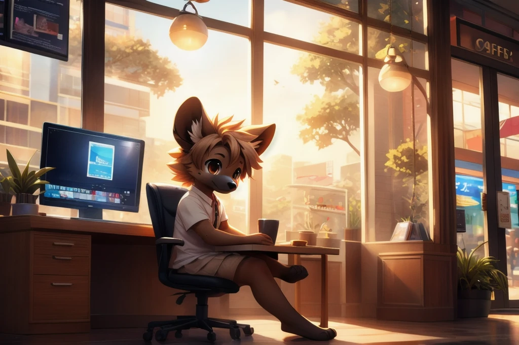 masterpiece，3d，Cute anthropomorphic hyena，，I'm sitting at the desk, working on my computer、There's a cafe au lait on the desk、Highest quality，Brown eyes，feet，hair，A bustling shopping mall is in the background，Manga Style，白hair、alone, Animal ears, close, Background Blur, Animal ears, Digital Art, The midday sun shines through the window