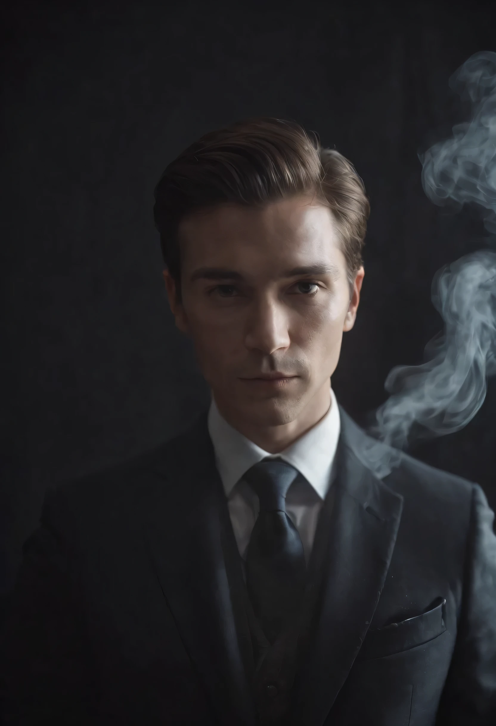 A portrait of a person wearing a suit, their face is unrecognizable, where the head would be just looks like dark particle smoke, blank background