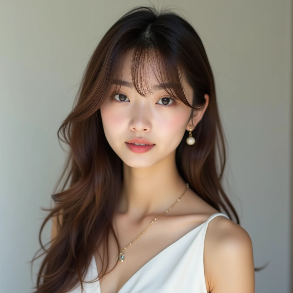 Charming young half-woman、Hair down to the collarbone、Glossy hair、Thready hair、Body is facing diagonally, looking at the camera、Olive brown hair color、White sleeveless blouse、Simple earrings and necklace、No bangs、Forehead Baring、Strong face、Half face、Eyes that tend to be dark、Distinct facial features、Defined nose bridge、No bangs、Pretty face、Cool Beauty、Straight Hair、Wide Eyes、Layer Styles
