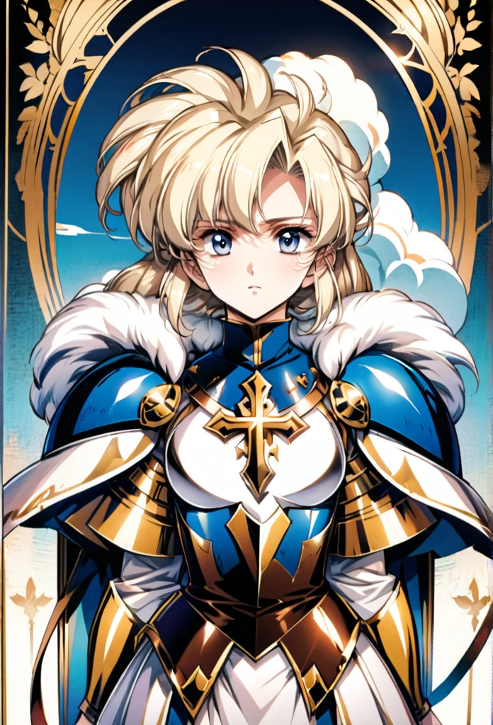 A full-body portrait of a young woman in anime style, with long, light blonde hair, framed by a white mantle adorned with golden details. She has intense blue eyes and wears a form-fitting blue armor with intricate engravings of leaves and flowers, and golden metal pieces covering her shoulders and arms. A dark brown leather belt with metallic buckles secures her armor at the waist. She wears brown leather boots, standing in a dynamic action pose. A cross-shaped pendant adorns her chest. The background features a blue sky with fluffy clouds, highlighting her majestic and noble appearance, visible from head to toe.