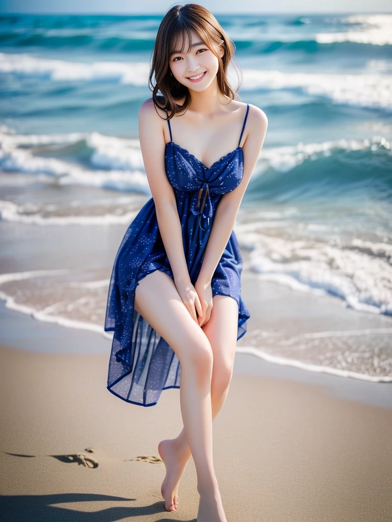 Photo-realistic quality、A 20-year-old Japanese woman in a dress stands at the edge of the beach., Waves washing over her feet、Beautiful Japan, Beautiful girl model, Beautiful woman, Posing on the beach by the sea, Cute seductive smile, Gorgeous Japanese Model, a Cute young woman, Cute young woman, Gorgeous Young Japanese Woman, Young and cute, Lovely lady, Beautiful model、looking at the camera、Detailed and beautiful eyes、Cute smile、Relaxed and gentle expression