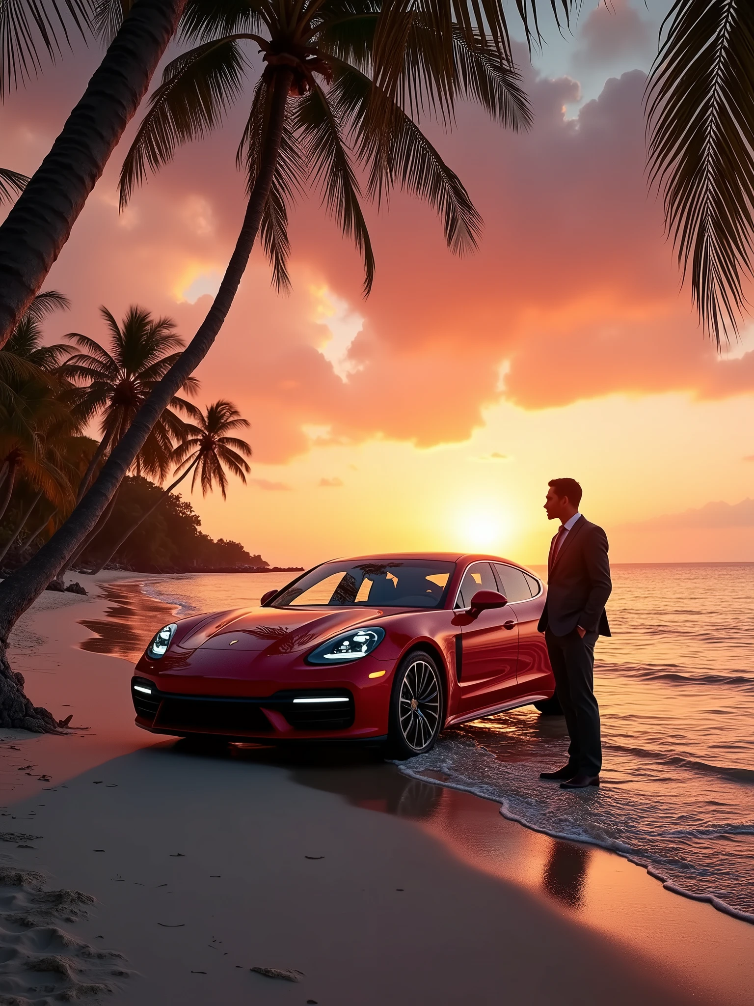 1.0 - Official Release" Precision - SDXL LoRA" Human Faces - SDXL LoRA" A sleek, Carmine Red Porsche Panamera Turbo S E-Hybrid is parked on a pristine beach, its metallic finish gleaming under the final rays of a magnificent sunset. The sun is just kissing the horizon, casting a golden and fiery orange glow across the calm ocean waters, where gentle waves lap against the shore. The beach is framed by towering palm trees swaying lightly in the warm breeze, their shadows stretching towards the car. The sky is an explosion of colors—fiery reds, deep purples, and soft pinks—reflected off the sleek curves of the Porsche, highlighting its luxurious design. The car’s 21-inch carbon fiber wheels glisten in the sunset, while the LED headlights emit a soft, ambient glow, adding a futuristic touch to the serene landscape. Through the open panoramic sunroof, the interior’s beige leather seats with Carmine Red stitching are faintly visible, perfectly complementing the natural beauty around it. In the distance, André, dressed in an elegant slim-fit charcoal gray suit, stands at the edge of the shore, gazing thoughtfully out at the endless ocean, with a light breeze catching the hem of his jacket. His stance is relaxed, one hand casually in his pocket, while the other loosely holds a pair of sunglasses. His expression is calm and contemplative, matching the tranquil, yet awe-inspiring, beauty of the scene around him. The camera captures the scene from a low angle, emphasizing both the grandeur of the car and the vastness of the sunset-lit beach. The wide-angle lens (24mm) captures every detail of the car and the vibrant sky, while an aperture of f/2.0 creates a soft bokeh effect, blurring the background just enough to keep focus on the car and André. The profundity of the landscape is accentuated by the shallow depth of field, with a slow panning camera movement that captures the transition from the car to André, and finally to the breathtaking sunset. A subtle warm filter is applied to enhance the golden tones of the sunset, giving the entire scene a dreamy, surreal quality.