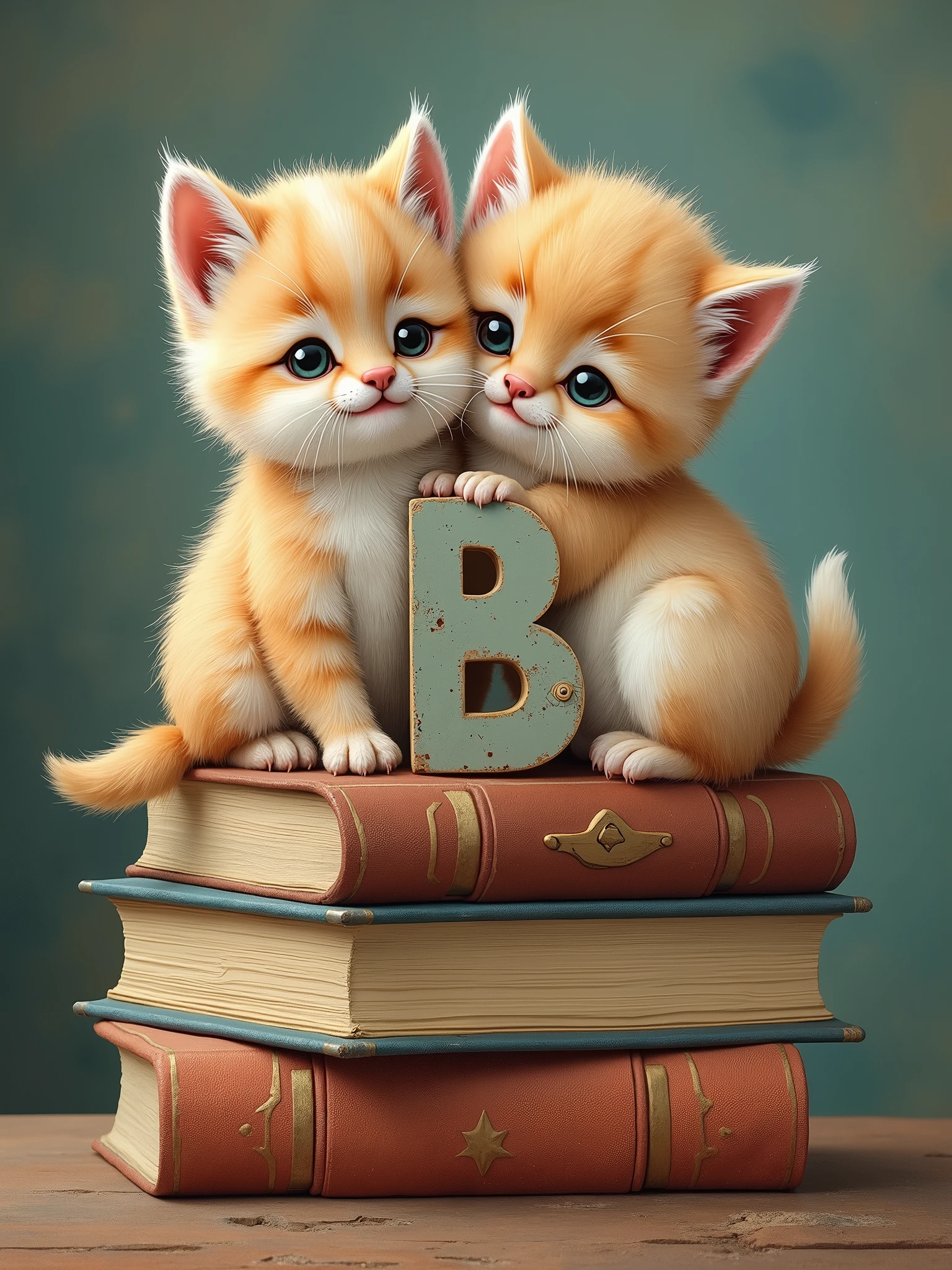 craft a cluster of cute  furry animals on a very old books formed in the shape of a bold letter "B", vibrant, vivid design, style by Callie Fink, masterpiece, pastel colors, children story illustration, illustration, typography