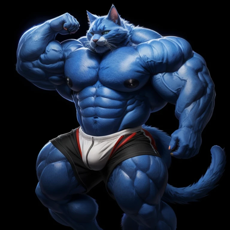 furry growth, hyper growth, hyper muscles,, a cat, cute, blue cat, shirtless, blue shorts, muscular, on a black background,