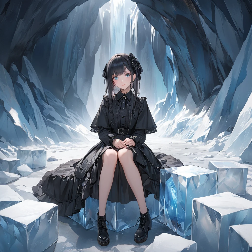 (digital art:0.2),(top-quality),(masterpiece),(1 girl),(solo),((girl sitting on the large cubic ice)),(full body),Delicately drawn face,girl with a pretty face,beautiful detailed blue eyes,gothic lolita fashion,((black costume)),black long skirt,black cute shoes,(Beautiful silky black hair:1.3),Film Lighting,a beautiful artistic illustration,in glacier,white theme,smile,wide shot