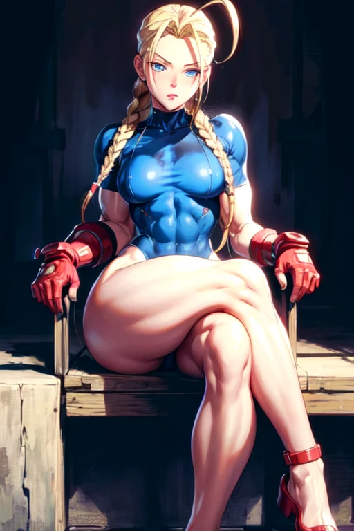 masterpiece,Highest quality,Extremely detailed,8k,Cammy 2,One person,alone,Long Hair,chest,blue eyes,Blonde,large chest,gloves,Have,Braiding,Alternative costume,fingerless gloves,twin Braidings,lips,,scar,Antenna Hair,female,Long and beautiful legs, Thick thighs, blush, nsfw, ((blush)), ((Long and beautiful legs, Thick thighs, Sitting with legs crossed, naked))