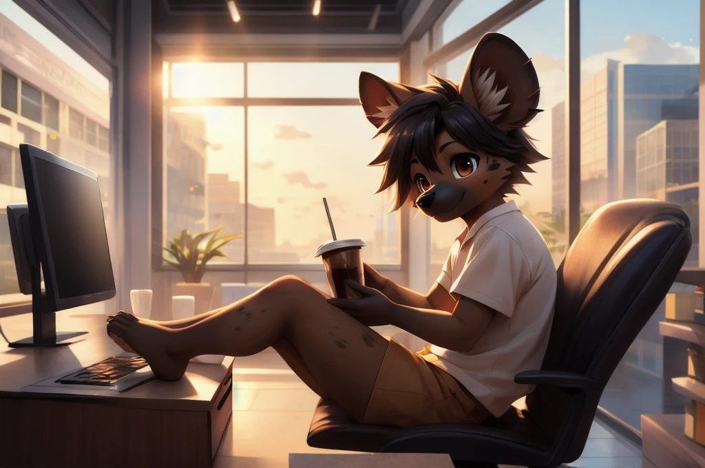 masterpiece，3d，Cute anthropomorphic hyena，，I'm sitting at the desk, working on my computer、There is iced coffee on the desk.、Highest quality，Brown eyes，feet，hair，A bustling shopping mall is in the background，Manga Style，白hair、alone, Animal ears, close, Background Blur, Animal ears, Digital Art, The midday sun shines through the window
