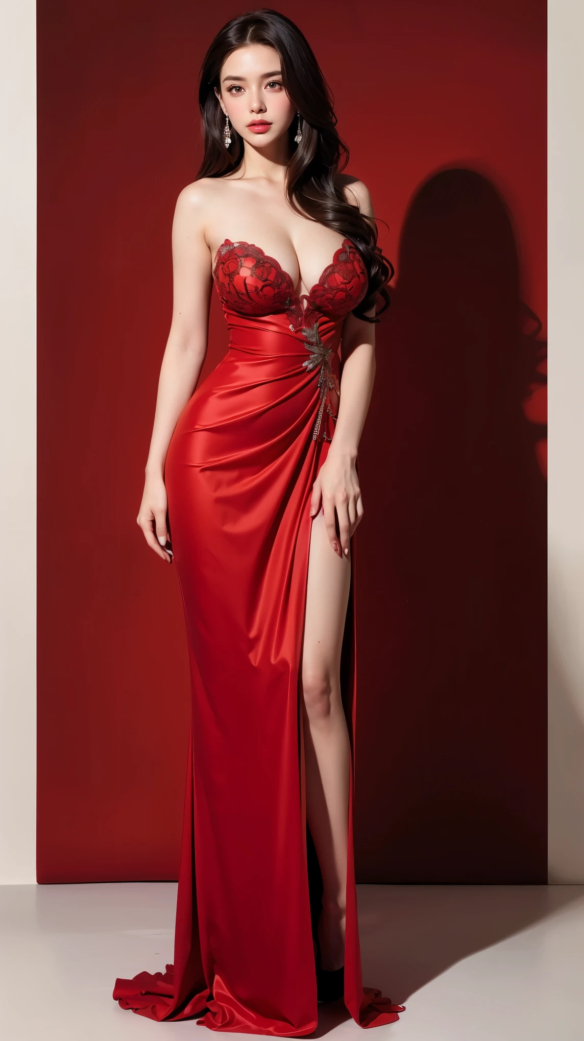 ((best quality, 4k, highres, masterpiece:1.2)), ((character concept art)), ((Jessica Rabbit)), 1girl, beautiful detailed eyes, beautiful detailed lips, extremely detailed face, long eyelashes, voluminous red hair, classic Hollywood glamour, wearing a sleek, red gown that accentuates her curves, glamorous accessories, soft lighting, dramatic shadows, cinematic feel, high-quality, photorealistic, digital painting, chiaroscuro, warm color palette, ((intricate detail)), super finely detailed hands, ultra finely detailed fingers (((ten fingers))), (standing elegantly), (full body showcase), (show full body), (no logos on background), (no logo), ((plain background)), ((plain background)), (((empty background)))