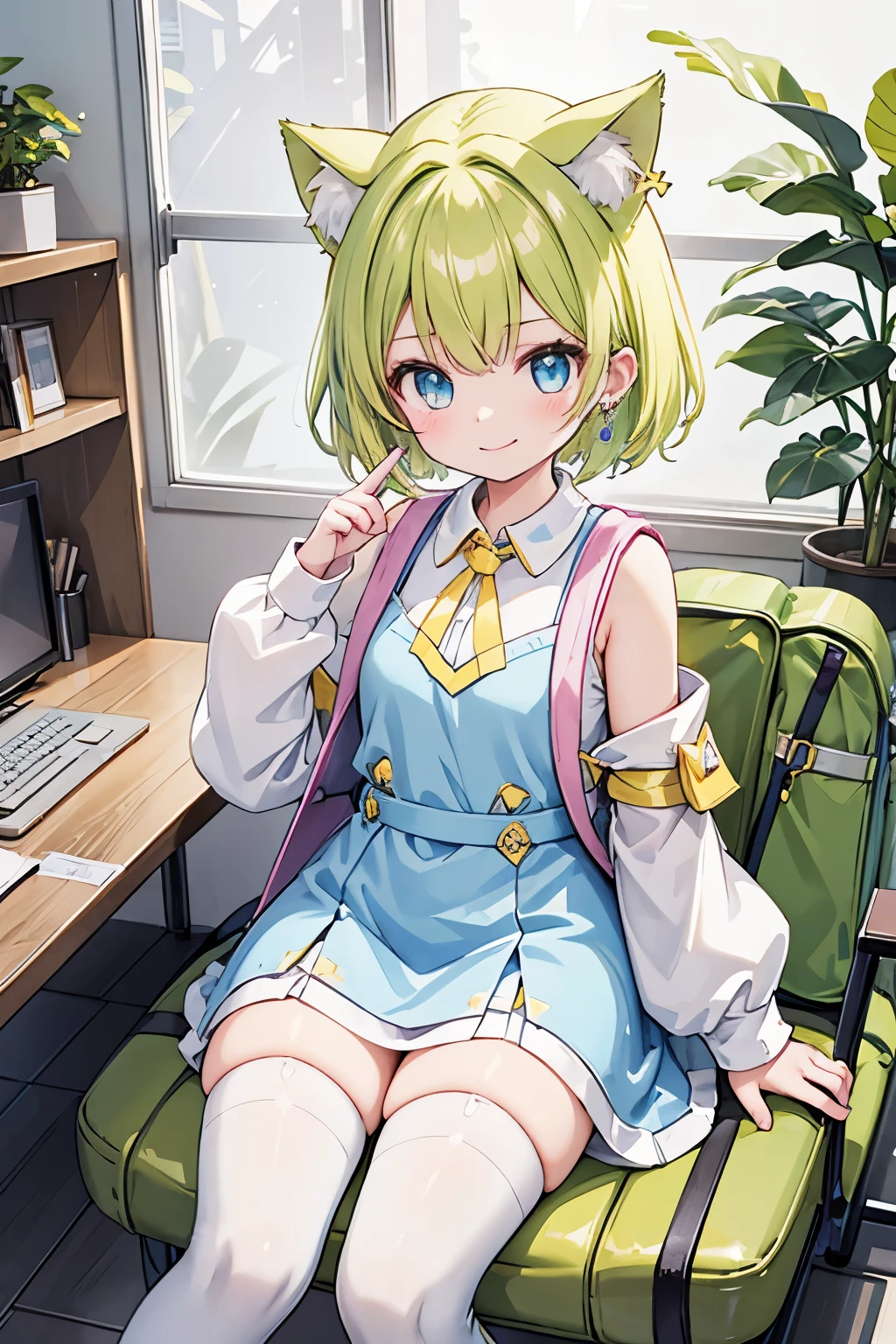 1girl, 独奏, short green hair, cat ears, Blue eyes, light blue dress, white collar, yellow triangular accessory around the neck, white triangular patterns on the hem of the skirt, long detached sleeves (yellow cuffs), blue thigh-high socks, pink boots (yellow triangular decorations on the sides), pink backpack, cat tail (yellow triangle at the tip), earrings.Touching a computer、Sitting in a chair、smile