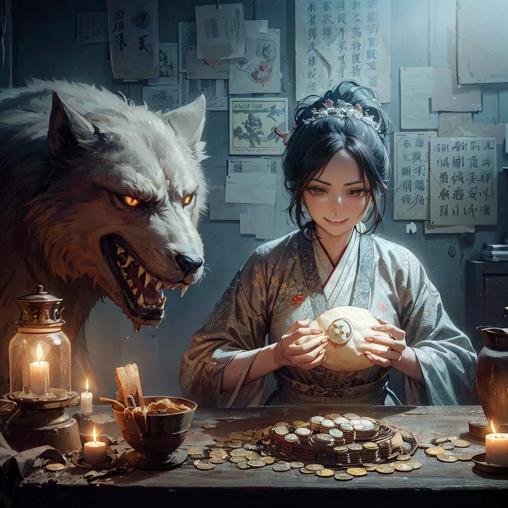 (masutepiece:1.2), (Best Quality:1.2), (high resolution:1.2), (beautiful face and eye:1.2), (sharpest focus:1.2), (Ultra-realistic Photo:1.2), (Ultra-precise Photo:1.2), (Depth of field:1.2), (perfect anatomy:1.2), (nice hands:1.2),
(perfect hands:1.2), (Chinese Song dynasty bar hostess:1.0), (Beautiful middle-aged woman holding a large steamed bun in her hands:1.0), (Gruesome and cruel smile:1.5), (Fierce smile:1.5),
(Proprietress lit by a simple candelabra:1.0), (Large quantity of Chinese Song dynasty coins piled on a crude table:1.0),