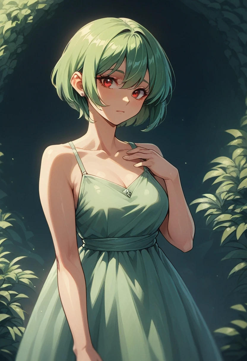 1 girl, green hair, Red eyes, dress, short hair, (One:1.3),  