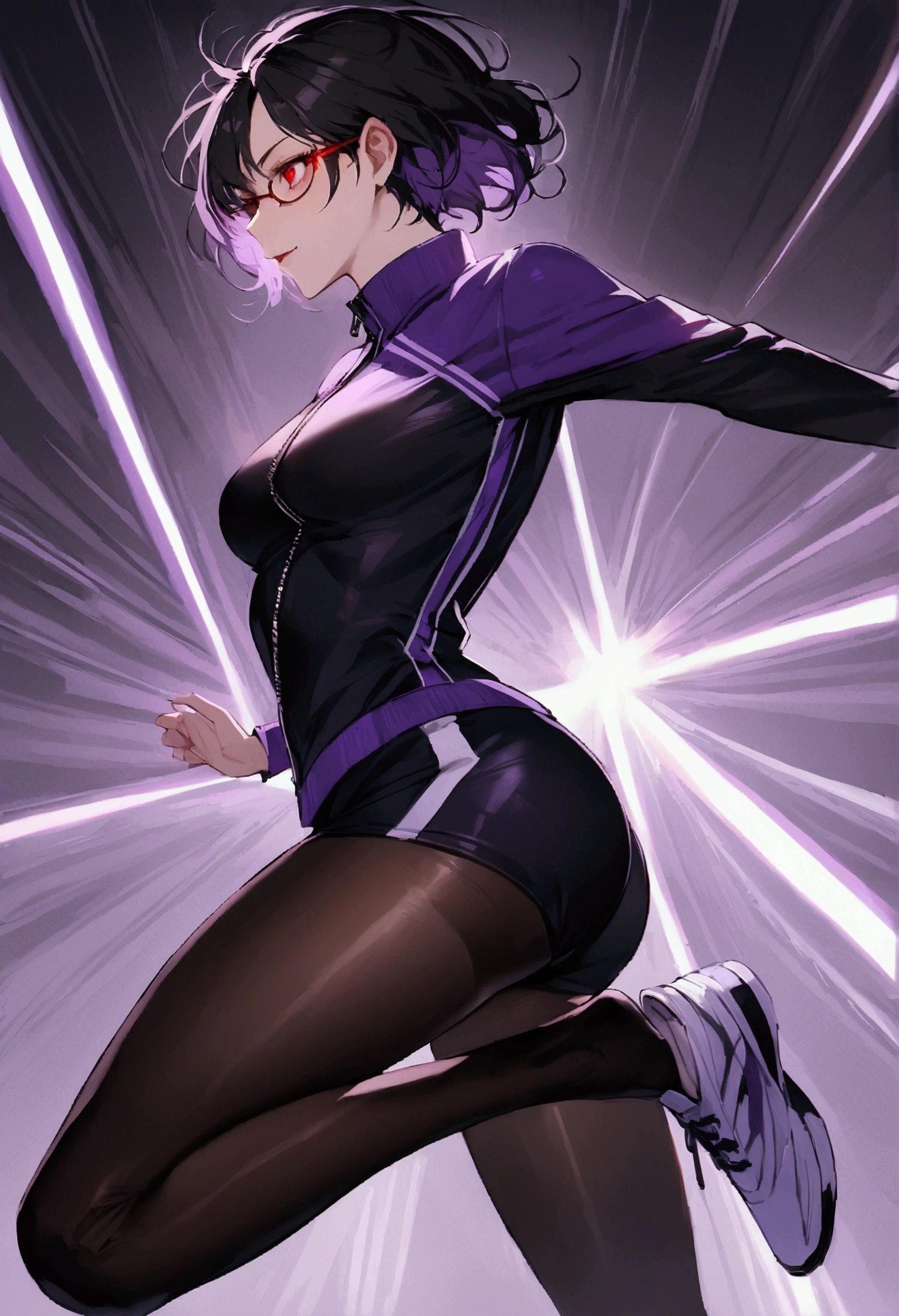 standing,going,sprinting,alone, short hair running track,work of art,face detailed,beautiful young fitness woman with , in a gym wearing May with black pantyhose, white and purple tight short gym jacket. standing alone,red eyes glowing,Evil smile,legging preto ,labiaa,dark eye shadow,shining eyes,neckleace,jacket zipper half open,Tight black shirt,white sports tennis shoes,short hair with purple details,beautiful curves,whole body,hair with purple details,labiaa,detailed face and eyes,work of art,sexy look,pefil from sideways,from sideways,wind in your hair,fully body,glasses on eyes
