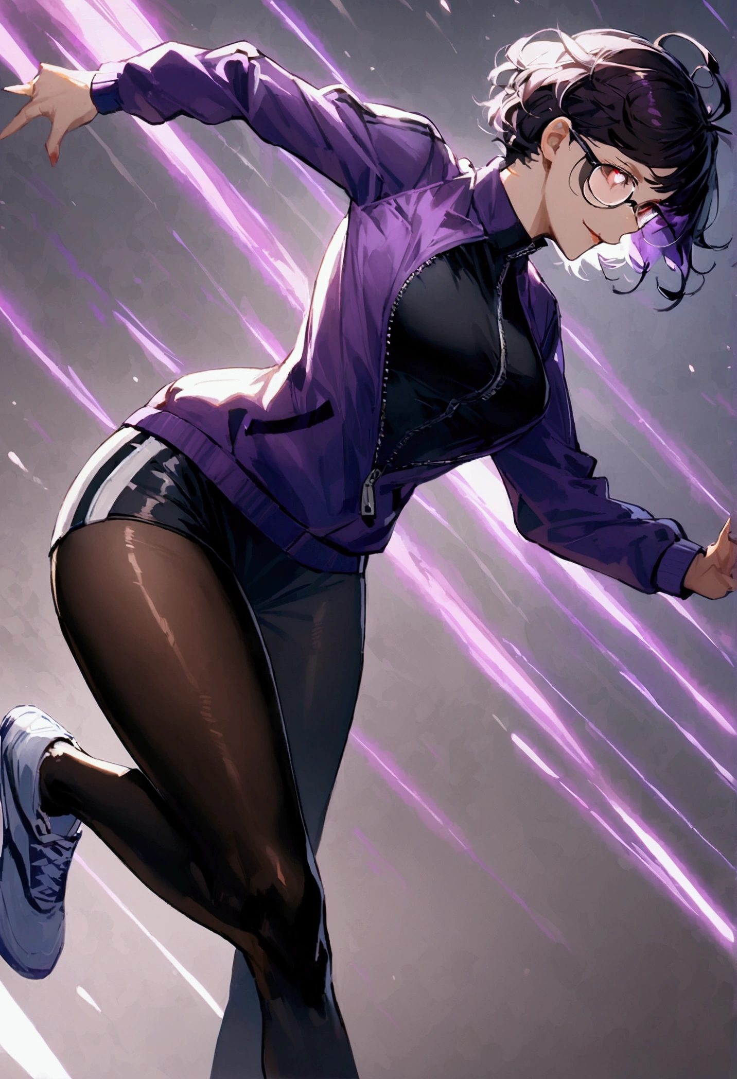 standing,going,sprinting,alone, short hair running track,work of art,face detailed,beautiful young fitness woman with , in a gym wearing May with black pantyhose, white and purple tight short gym jacket. standing alone,red eyes glowing,Evil smile,legging preto ,labiaa,dark eye shadow,shining eyes,neckleace,jacket zipper half open,Tight black shirt,white sports tennis shoes,short hair with purple details,beautiful curves,whole body,hair with purple details,labiaa,detailed face and eyes,work of art,sexy look,pefil from sideways,from sideways,wind in your hair,fully body,glasses on eyes