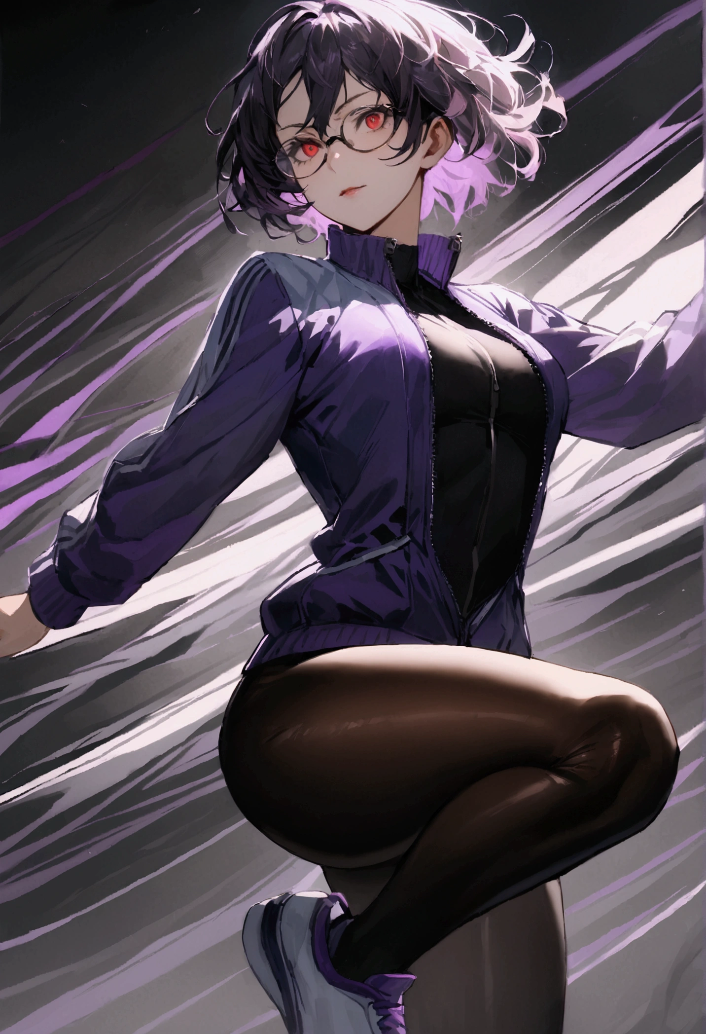 standing,going,sprinting,alone, short hair running track,work of art,face detailed,beautiful young fitness woman with , in a gym wearing May with black pantyhose, white and purple tight short gym jacket. standing alone,red eyes glowing,Evil smile,legging preto ,labiaa,dark eye shadow,shining eyes,neckleace,jacket zipper half open,Tight black shirt,white sports tennis shoes,short hair with purple details,beautiful curves,whole body,hair with purple details,labiaa,detailed face and eyes,work of art,sexy look,pefil from sideways,from sideways,wind in your hair,fully body,glasses on eyes