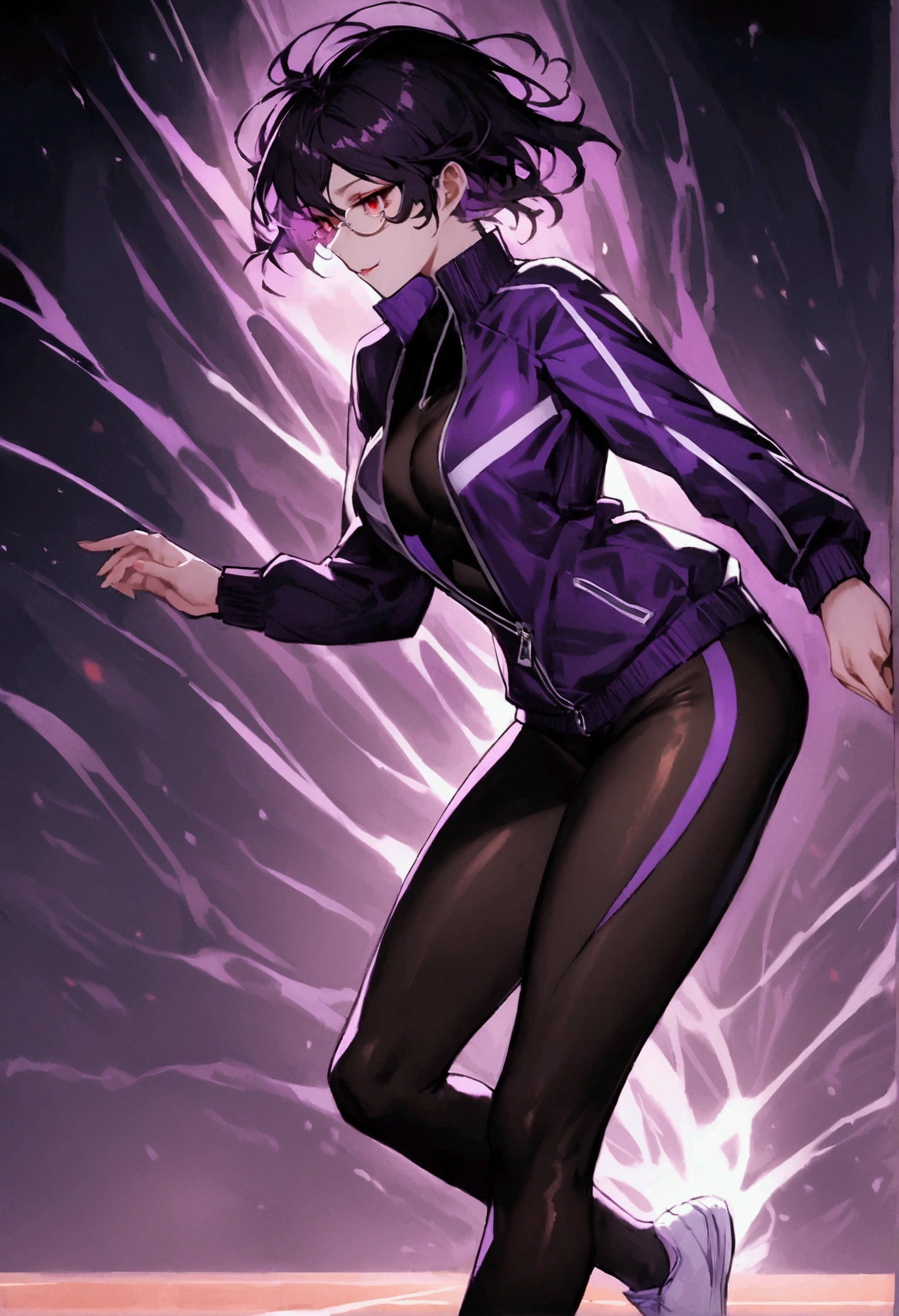 standing,going,sprinting,alone, short hair running track,work of art,face detailed,beautiful young fitness woman with , in a gym wearing May with black pantyhose, white and purple tight short gym jacket. standing alone,red eyes glowing,Evil smile,legging preto ,labiaa,dark eye shadow,shining eyes,neckleace,jacket zipper half open,Tight black shirt,white sports tennis shoes,short hair with purple details,beautiful curves,whole body,hair with purple details,labiaa,detailed face and eyes,work of art,sexy look,pefil from sideways,from sideways,wind in your hair,fully body,glasses on eyes
