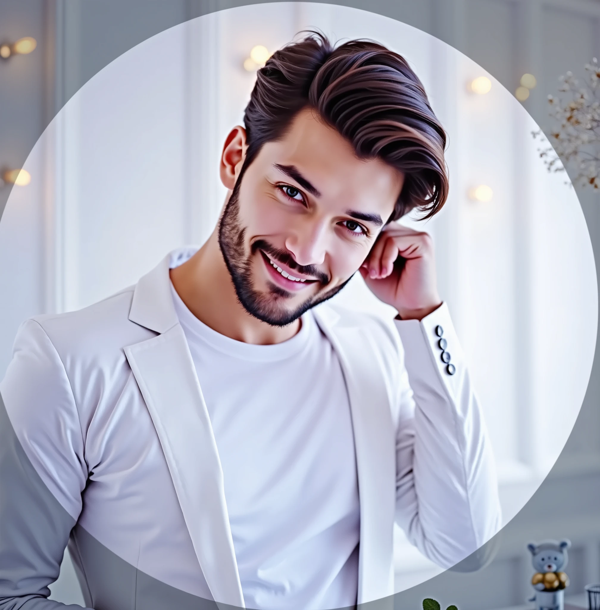 handsome and hottest hunk in dark green tuxedo with open buttons showing his smooth chest and abs, full photo with handsome face