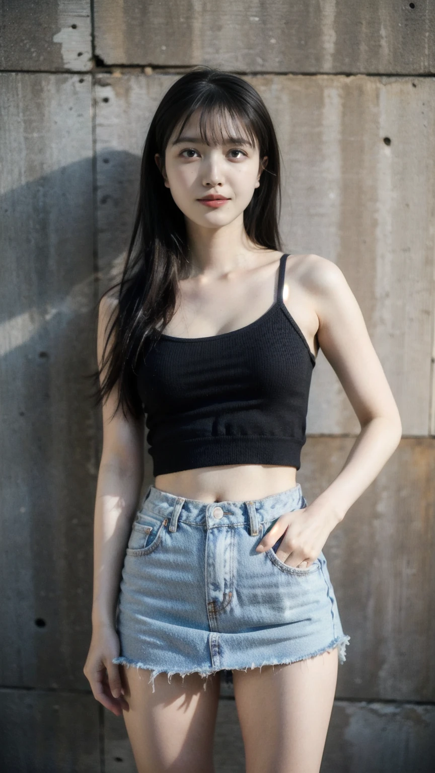 ((1girl)), woman, masterpiece, best quality, highest quality, cinematic lighting, (volumetric lighting), extremely detailed CG unity 8k wallpaper, focused, 8k wallpaper, extremely detailed, ultra realistic, photorealistic, sharp focus, absurdres, (HDR:1.2), (high contrast), photograph, detailed and intricate, instagram, portrait, highly detailed, digital painting, artstation, concept art, smooth, sharp focus, illustration, cinematic lighting, (big breast:1.3), (((skinny, slim legs))), (knit strap tanktop, mini skirt, open shoulder, open chest, cleavage), looking at the viewer, ((Standing with arm crossed)), ((Medium body shot, hip level shot)), long hair, ((leaning on a wall)), beautiful eyes.