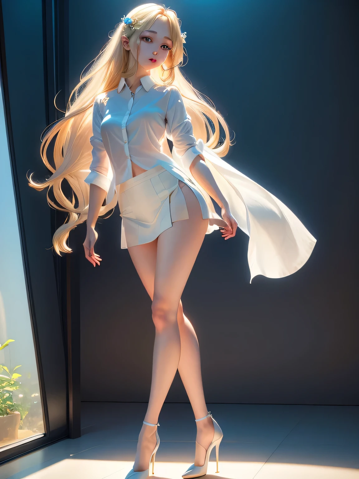 real、long legs、full、feminine、white shirt、mini skirt、high heels,very delicate face,realistic lighting and shading, (very delicate and beautiful芸術)1.2, It's elegant,dramatic shadow、very detailed。high quality、High resolution、Raw、超High resolution、super detail、(very delicate and beautiful)、very detailed、real shadow