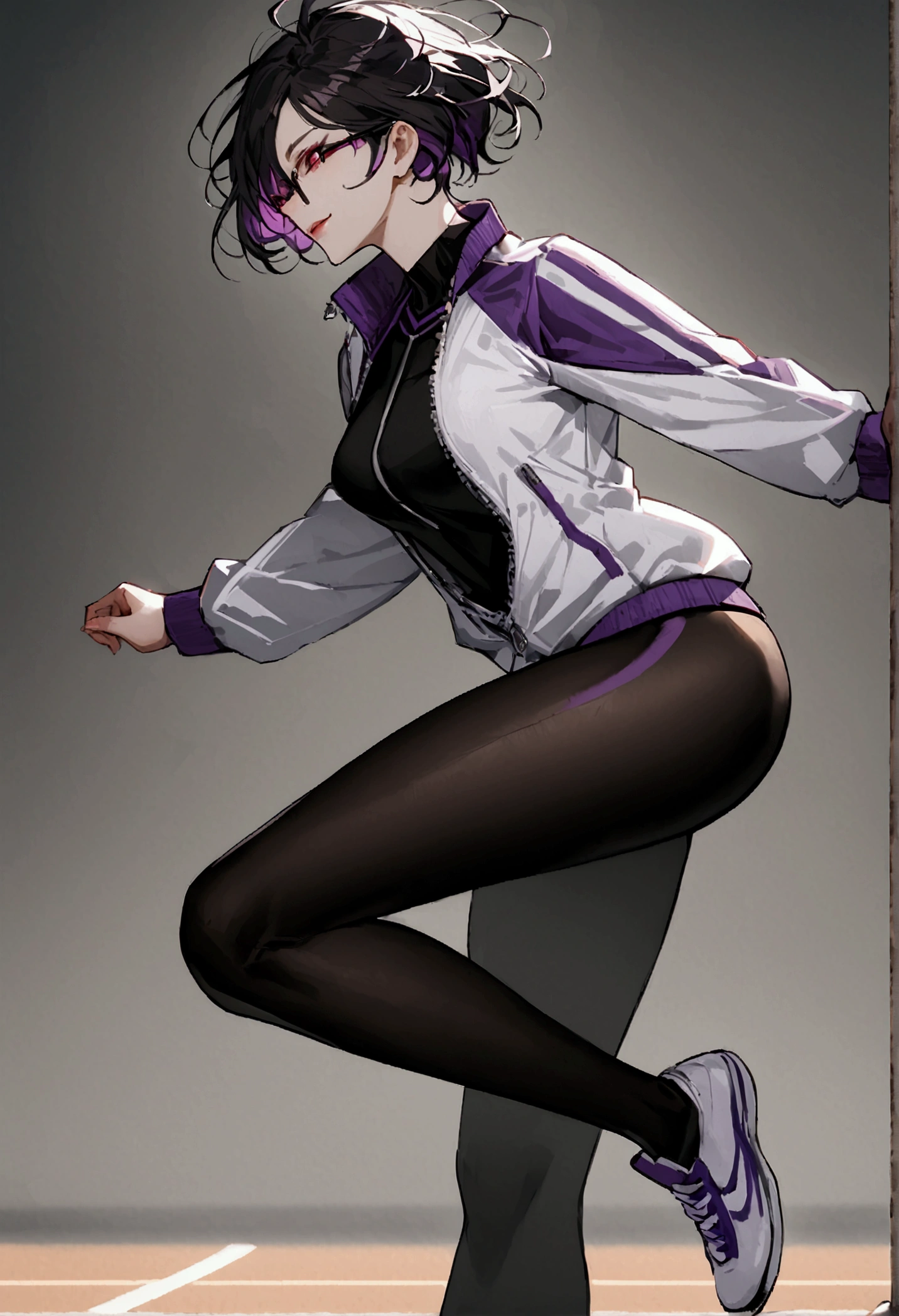 standing,going,sprinting,alone, short hair running track,work of art,face detailed,beautiful young fitness woman with , in a gym wearing May with black pantyhose, white and purple tight short gym jacket. standing alone,red eyes glowing,Evil smile,legging preto ,labiaa,dark eye shadow,shining eyes,neckleace,jacket zipper half open,Tight black shirt,white sports tennis shoes,short hair with purple details,beautiful curves,whole body,hair with purple details,labiaa,detailed face and eyes,work of art,sexy look,pefil from sideways,from sideways,wind in your hair,fully body,glasses on eyes