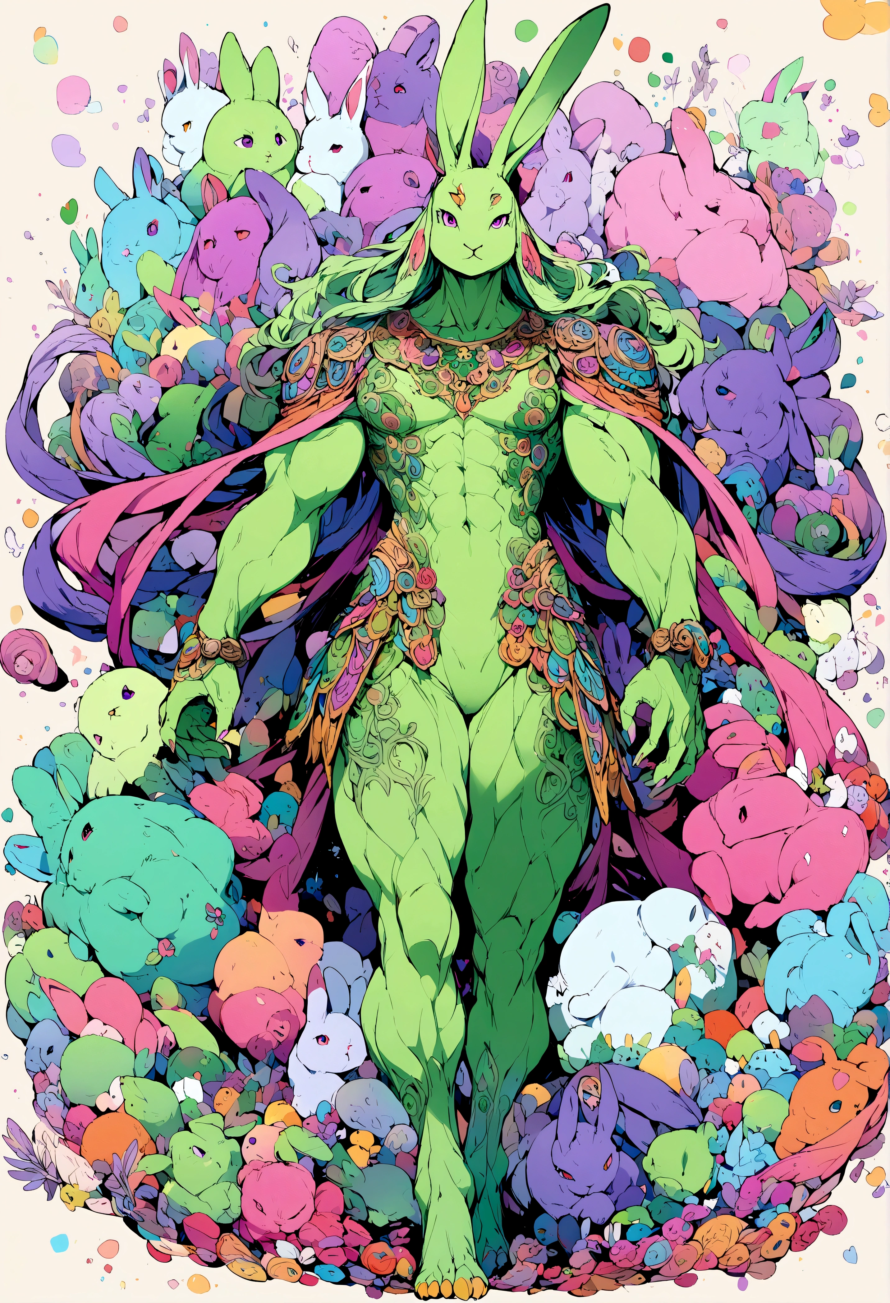 full body, Giant Green Rabbit, green Rabbit, Guardian, tall and strong, green body, Purple Eyes