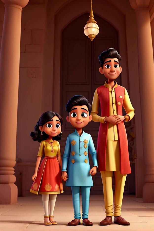An illustration of an adorable couple, araffes man and woman posing for a picture in a building, a picture by Manjit Bawa, reddit, samikshavad, ghutra and egal, wearing a read kurta, wearing a silk red kurta, lovely couple, ruan ji, 8k selfie photograph, very very high quality picture, dressed in a jodhpuri suit Estilo Disney Pixar Animations