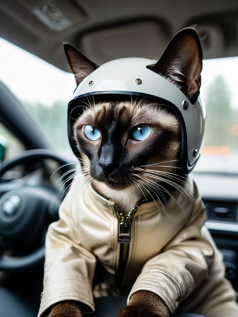 A siamese cat is test driver a car, wear jacket and helmet