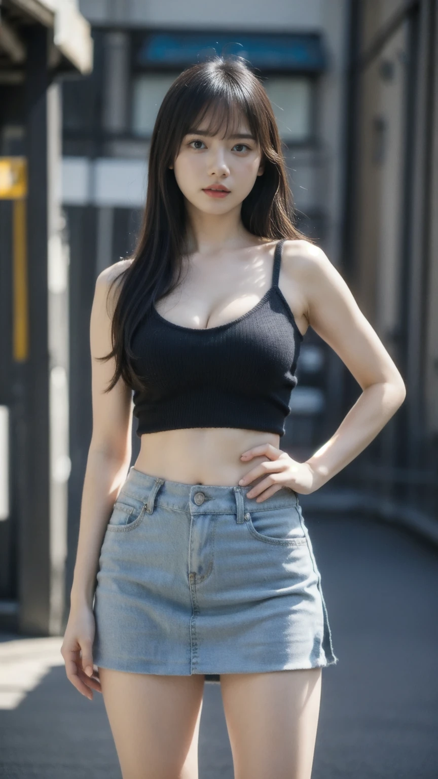 ((1girl)), woman, masterpiece, best quality, highest quality, cinematic lighting, (volumetric lighting), extremely detailed CG unity 8k wallpaper, focused, 8k wallpaper, extremely detailed, ultra realistic, photorealistic, sharp focus, absurdres, (HDR:1.2), (high contrast), photograph, detailed and intricate, instagram, portrait, highly detailed, digital painting, artstation, concept art, smooth, sharp focus, illustration, cinematic lighting, (big breast:1.3), (((skinny, slim legs))), (japanese idol posture), (knit strap tanktop, mini skirt, open shoulder, open chest, cleavage), looking at the viewer, ((Standing)), ((Medium body shot, hip level shot)), long hair, beautiful eyes.