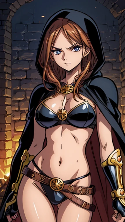 (1girl, Magdalena), (extremely detailed CG unit 8k wallpaper),(master part), (best quality), (ultra detail), (best illustration),(One Piece Style), cowboy shot, (Sharp eyeliner, ombre, detailed eyes:1), medieval ruins background, break , upper body, cloak, bikini armor, gauntlets, brown hair, hood, gauntlets, pauldrons, black cape, belt, straps, revealing clothes,