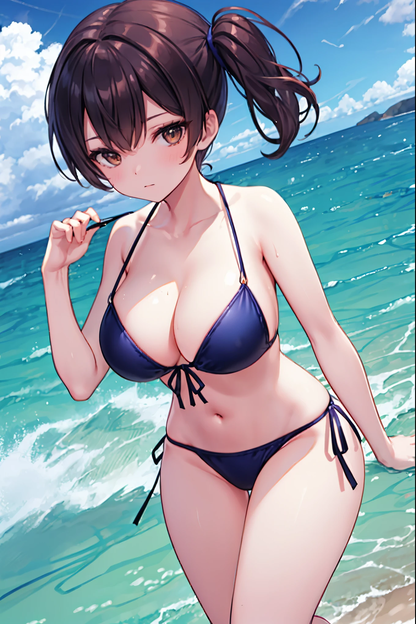 Beautiful illustration、top-quality、Kaga_kantaicollection
brown_hair, Side_Ponytail, brown_Eyes, Short_hair, (big_breasts:1.5) long_hair、Blue Bikini、 coast_landscape,(abs:0.5),navel,solo,(light_smile:0.6),(solo:1.5)。sandals,