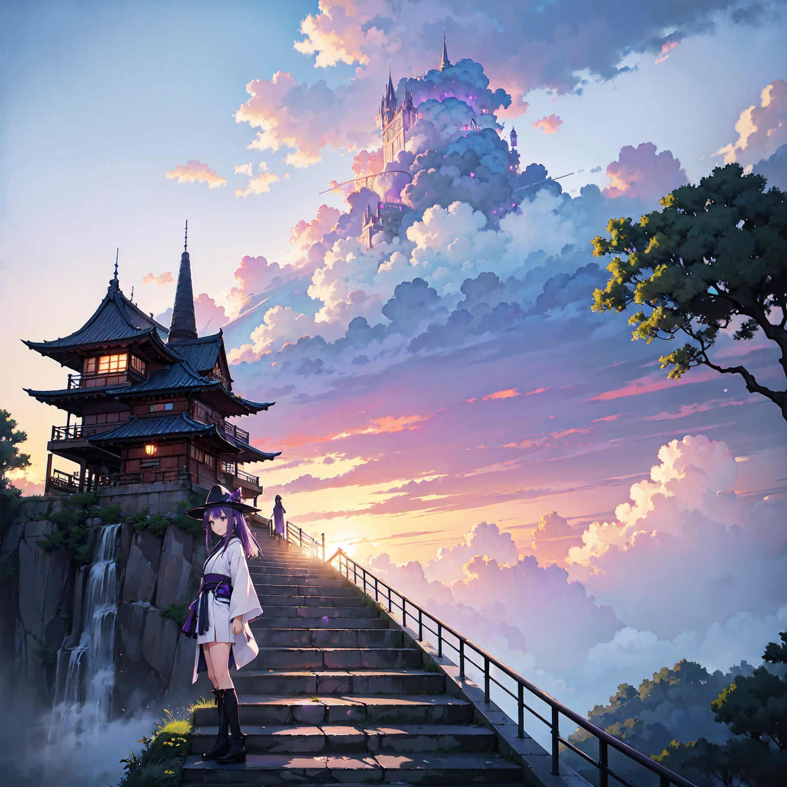 A girl with long violet-purple hair. A kind, full smile. Pointy elf ears. Her clothes are simple: a black robe with wide sleeves and a black miniskirt. Her knees are showing. There is a V-shaped white insert in the front, like a kimono. A witch's hat with purple ribbons on each side. Black boots. Background, bright painting, Makoto Shinkai, only endless stairs, long floating stairs, floating stairs in the air, stairs above clouds, illustration, nostalgic, vivid, above clouds, bright, fresh, sunset. A maze of connected stairs. A labyrinth of stairs. Untouched by land.