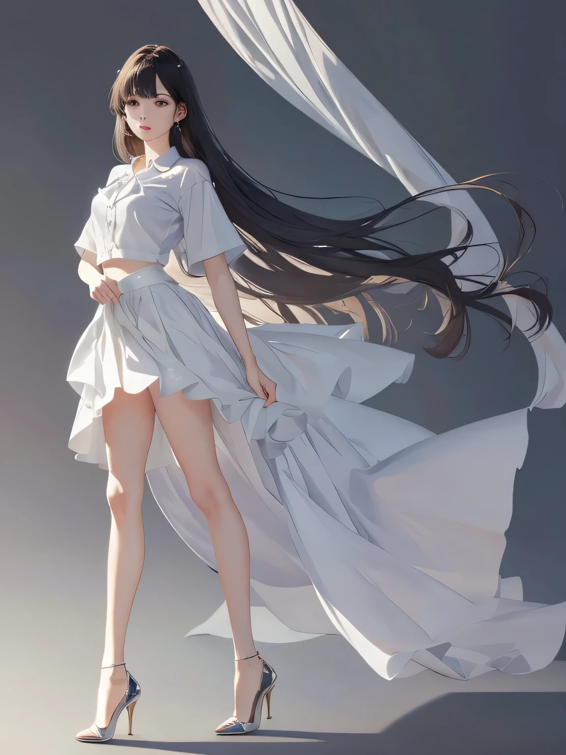 real、long legs、full、feminine、white shirt、mini skirt、high heels,very delicate face,realistic lighting and shading, (very delicate and beautiful芸術)1.2, It's elegant,dramatic shadow、very detailed。high quality、High resolution、Raw、超High resolution、super detail、(very delicate and beautiful)、very detailed、real shadow
