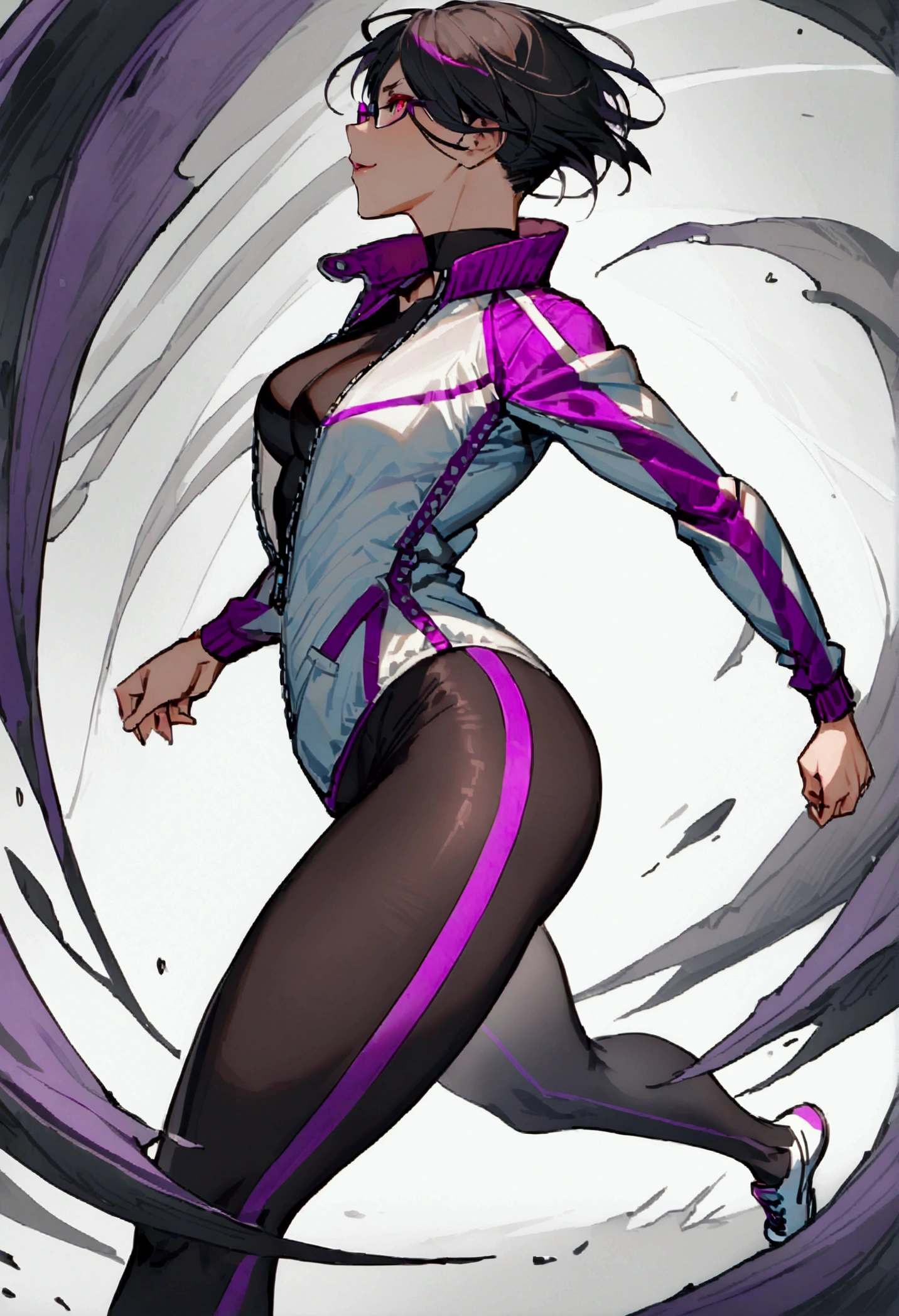 standing,going,sprinting,alone, short hair running track,work of art,face detailed,beautiful young fitness woman with , in a gym wearing May with black pantyhose, white and purple tight short gym jacket. standing alone,red eyes glowing,Evil smile,legging preto ,labiaa,dark eye shadow,shining eyes,neckleace,jacket zipper half open,Tight black shirt,white sports tennis shoes,short hair with purple details,beautiful curves,whole body,hair with purple details,labiaa,detailed face and eyes,work of art,sexy look,pefil from sideways,from sideways,wind in your hair,fully body,glasses on eyes