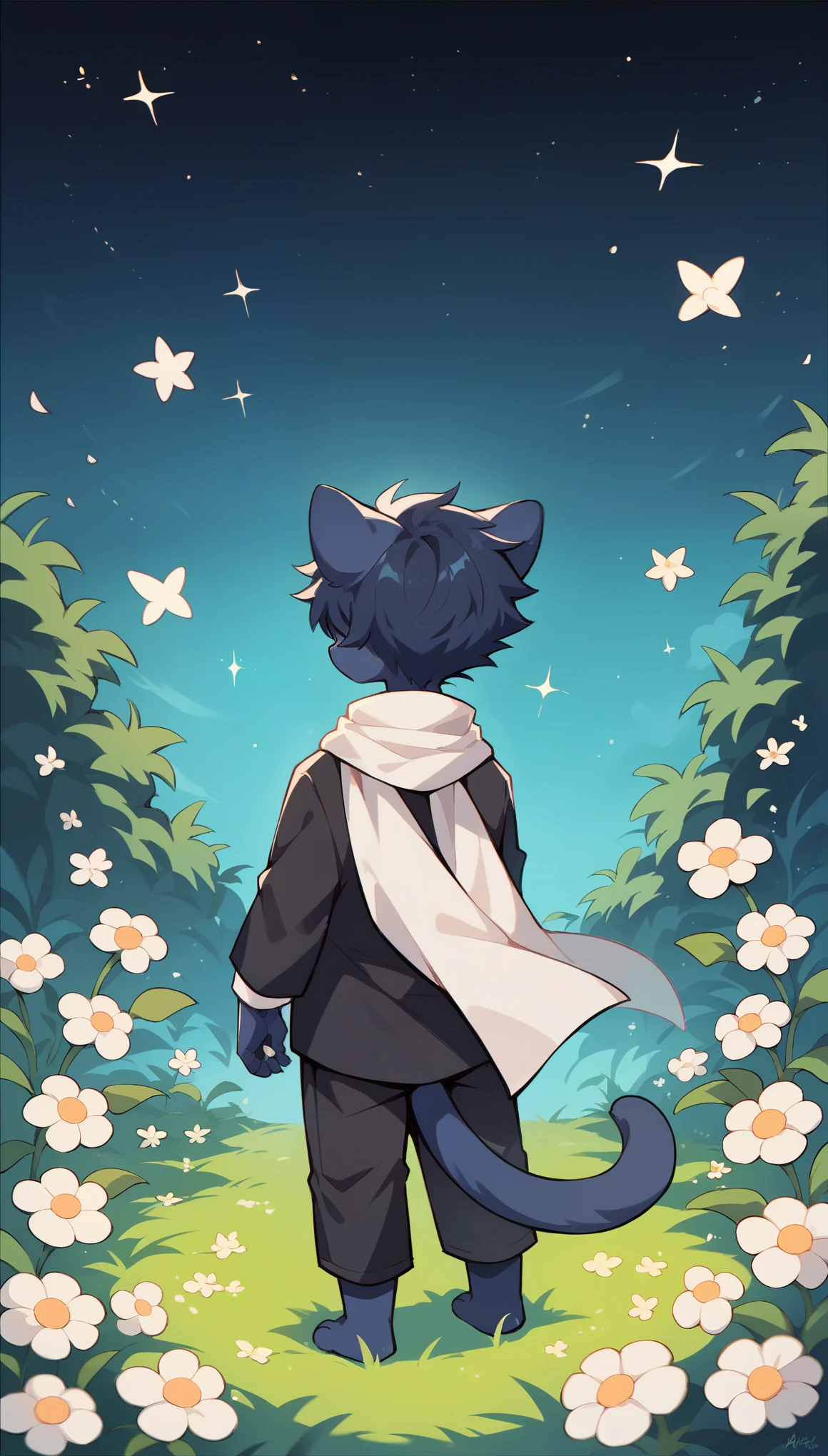 furry,A cute cat boy,Dark blue skin,Dark blue hair,White scarf,Wear a hospital gown,Standing on the grass,The grass is covered with white flowers,Starry Sky,Galaxy,Back to camera,HD