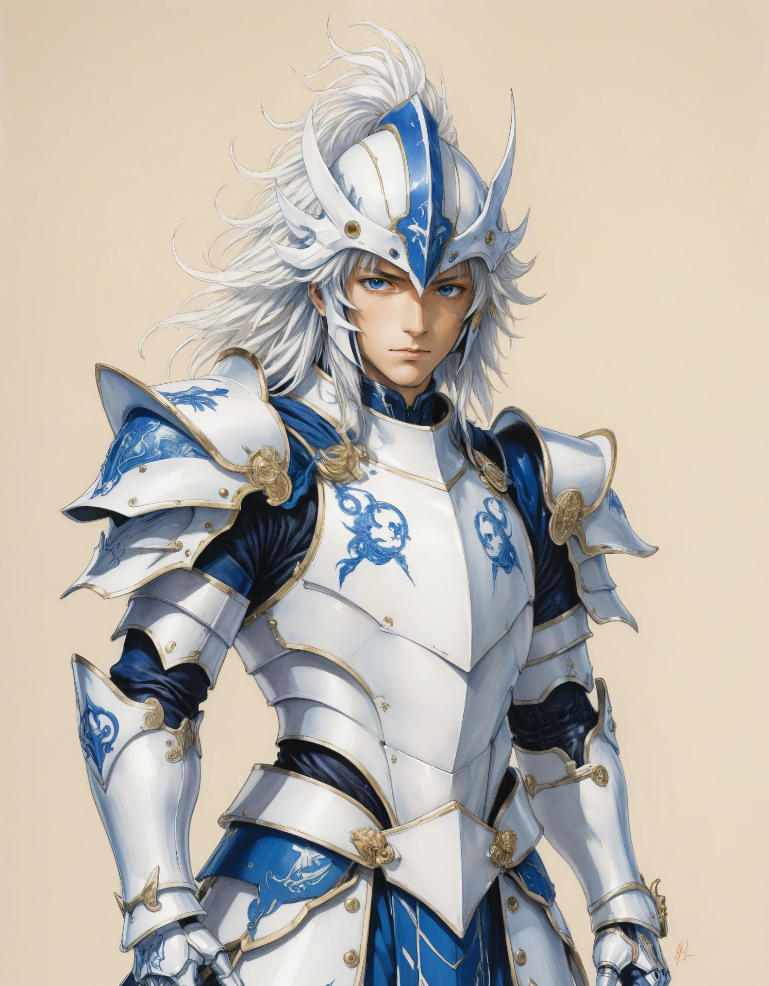 a drawing of a man with an armor, Hyoga, bastien yoshitaka amano, inspired by Yoshitaka Amano, knights of the zodiac, yoshitaka amano, white armor with blue, portrait knights of the zodiac, Hyoga saint seiya, yoshitaka amano style, yoshitaka amano greg rutkowski