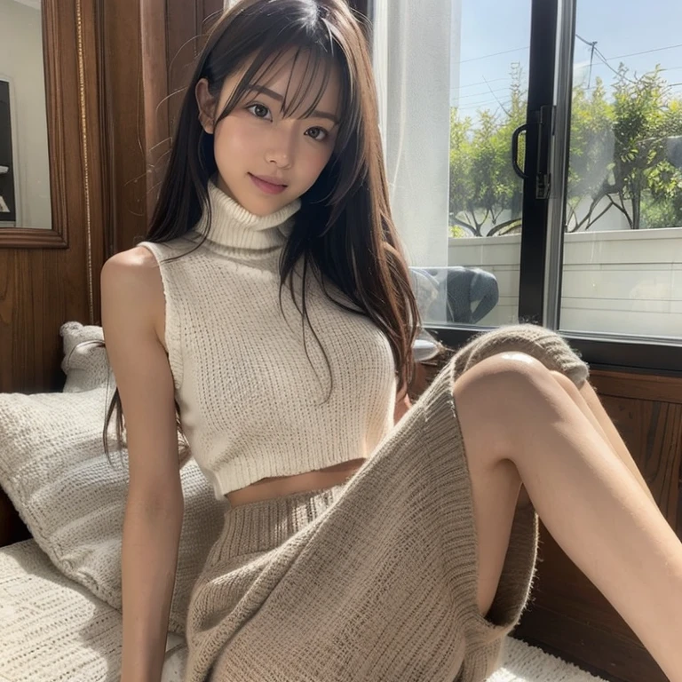 8k、(masterpiece, Highest quality:1.4)、Very realistic、Japanese、One person、woman、Skinny athletic model body、Flat Chest、tall、Description：whole body、38 years old、(Hairstyle：Bangs(1.6))、In your room at home、The best smile、((Wearing a white turtleneck sleeveless top))、((Wearing a skirt that is even shorter than a black weaty、Wet、