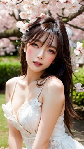A beautiful girl wearing a flowing white dress, standing in a serene garden surrounded by lush greenery and vibrant flowers, delicate cherry blossoms gently falling around her, her expression serene and her eyes captivating, 1girl, detailed facial features, detailed eyes and lips, intricate folds in dress, high resolution, 8k, photorealistic, cinematic lighting, warm color palette, magical, fantasy, dreamlike, rolling shen