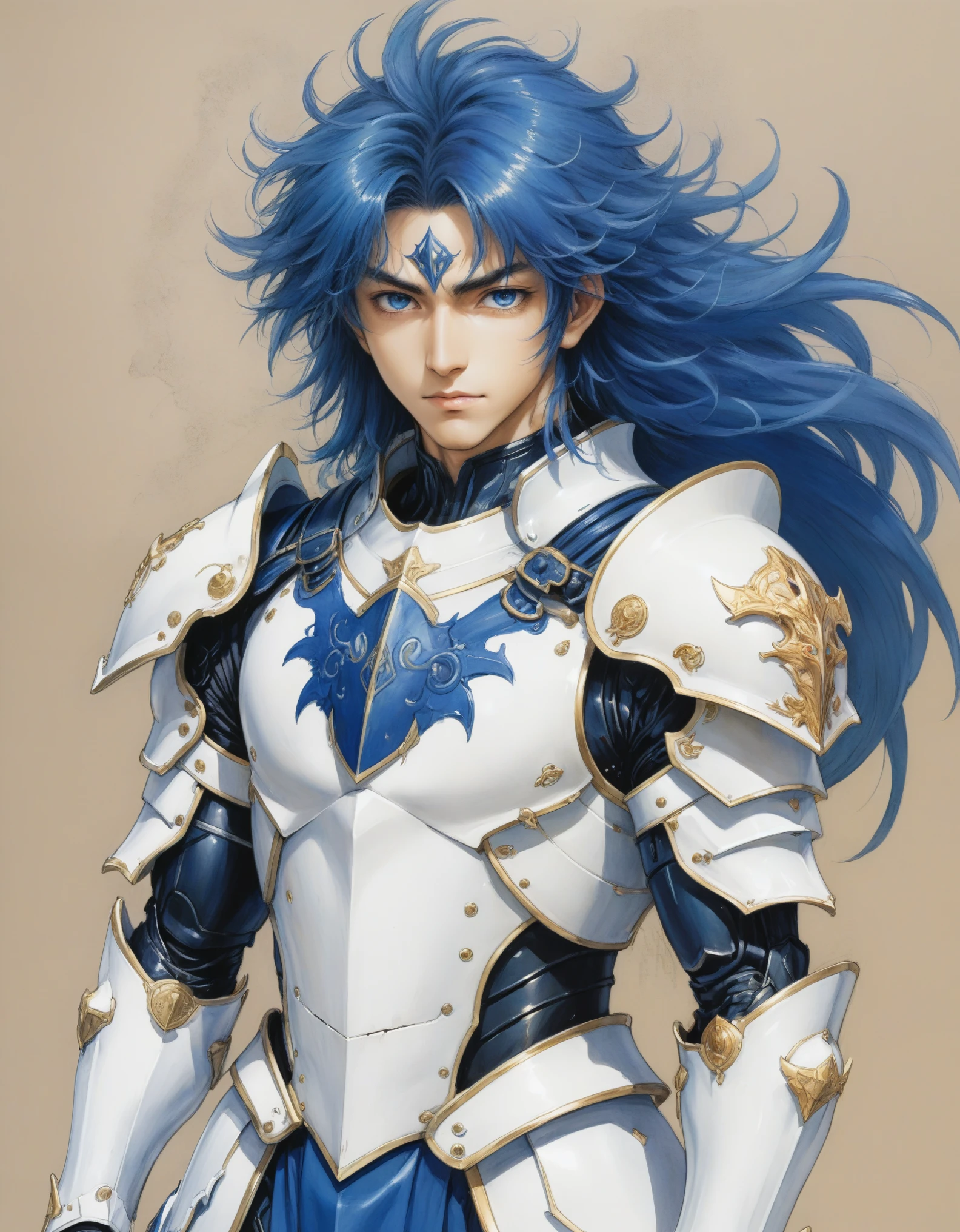 a drawing of a man with an armor, Hyoga, bastien yoshitaka amano, inspired by Yoshitaka Amano, knights of the zodiac, yoshitaka amano, white armor with blue, portrait knights of the zodiac, Hyoga saint seiya, yoshitaka amano style, yoshitaka amano greg rutkowski