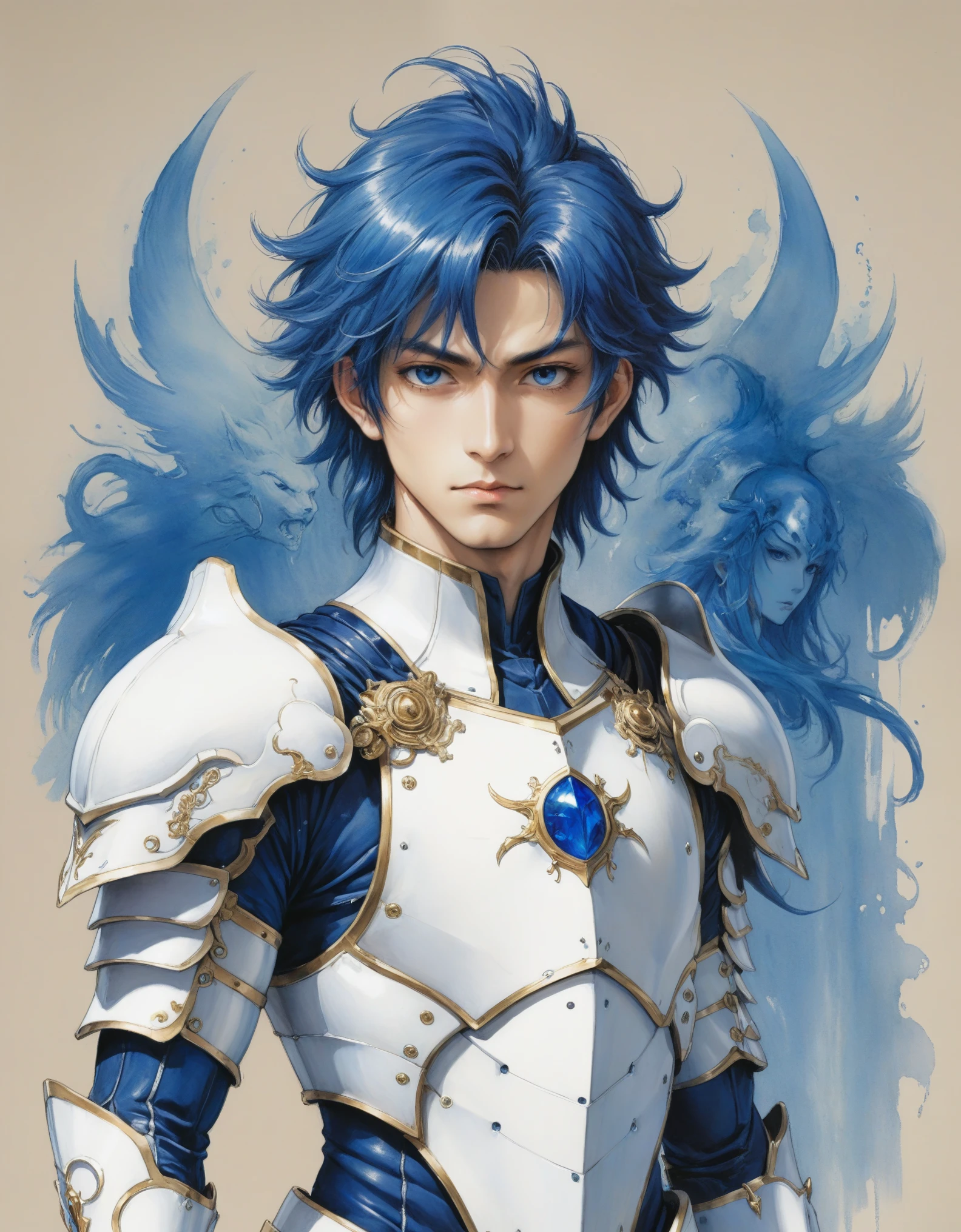 a drawing of a man with an armor, Hyoga, bastien yoshitaka amano, inspired by Yoshitaka Amano, knights of the zodiac, yoshitaka amano, white armor with blue, portrait knights of the zodiac, Hyoga saint seiya, yoshitaka amano style, yoshitaka amano greg rutkowski