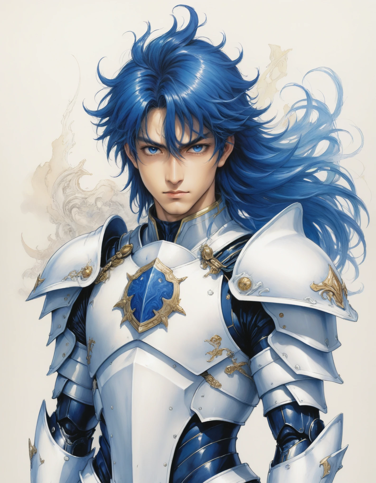 a drawing of a man with an armor, Hyoga, bastien yoshitaka amano, inspired by Yoshitaka Amano, knights of the zodiac, yoshitaka amano, white armor with blue, portrait knights of the zodiac, Hyoga saint seiya, yoshitaka amano style, yoshitaka amano greg rutkowski