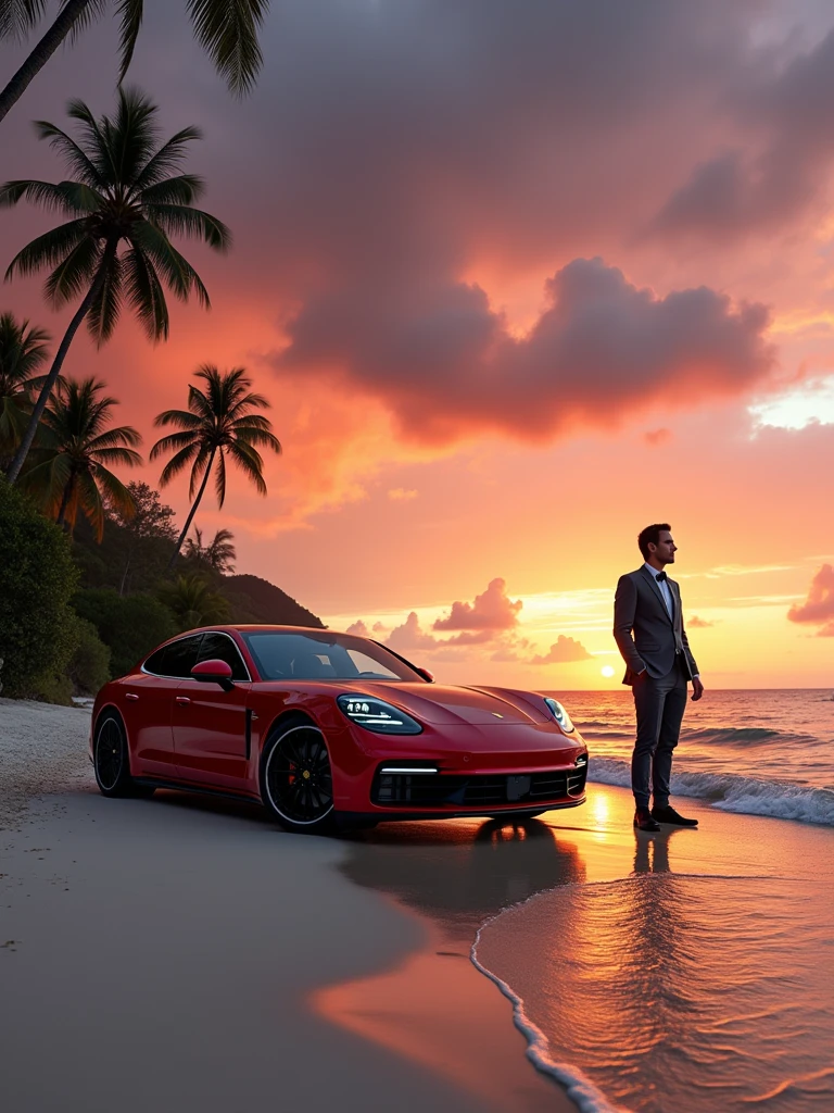  1.0 - Official Launch"  Precision - SDXL LoRA"  Human Faces - SDXL LoRA" an elegant, Carmine Red Porsche Panamera Turbo S E-Hybrid is parked on a pristine beach, its metallic finish gleaming under the last rays of a magnificent sunset. The sun is just kissing the horizon, casting a golden glow and fiery orange through the calm ocean waters, where gentle waves lap at the shore. The beach is framed by towering palm trees swaying gently in the warm breeze, their shadows stretching towards the car. The sky is a burst of colors - fiery reds, deep purples, and soft pink hues - reflected in the elegant curves of the Porsche, highlighting its luxurious design. The car's 21-inch carbon fiber wheels gleam in the setting sun, while the LED headlights emit a soft, ambient brightness, adding a futuristic touch to the serene landscape. Through the open panoramic sunroof, the beige leather seats of the interior with Carmine Red stitching are slightly visible, perfectly complementing the natural beauty around it. From a distance, André, dressed in a sleek, charcoal gray slim-fit suit, is on the edge of the coast, gazing thoughtfully at the endless ocean, with a gentle breeze catching the hem of his jacket. Your posture is relaxed, a hand casually in the pocket, while the other loosely holds a pair of sunglasses. His expression is calm and contemplative, blending with the tranquility, Still Inspiring, beauty of the scene around you. The camera captures the scene from a low angle, emphasizing both the grandeur of the car and the vastness of the sunset-lit beach. The wide-angle lens (24mm) captures every detail of the car and the vibrant sky, while an f-stop of/2.0 creates a soft bokeh effect, defocusing the background just enough to keep the focus on the car and Andre. The depth of the landscape is accentuated by the shallow depth of field, with a slow, panoramic camera movement that capt
